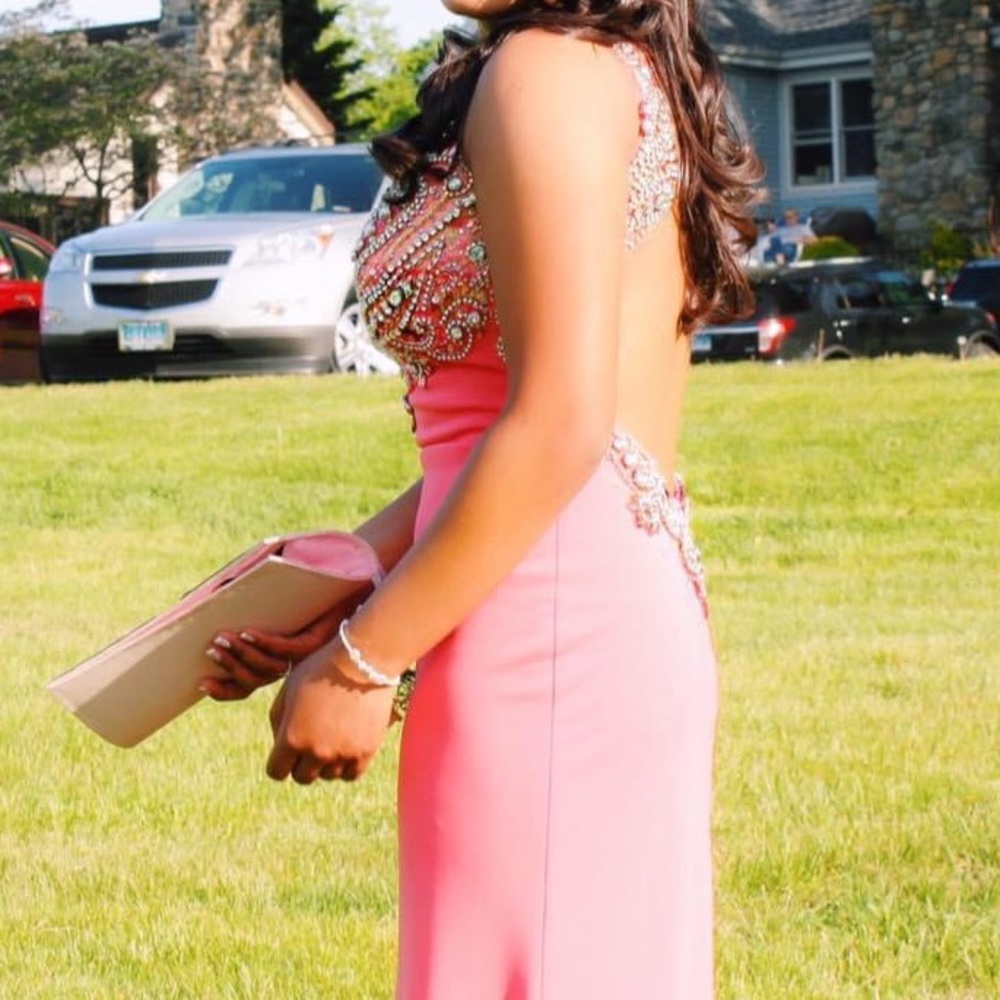 Stunning Peach Jeweled Backless Prom Dress